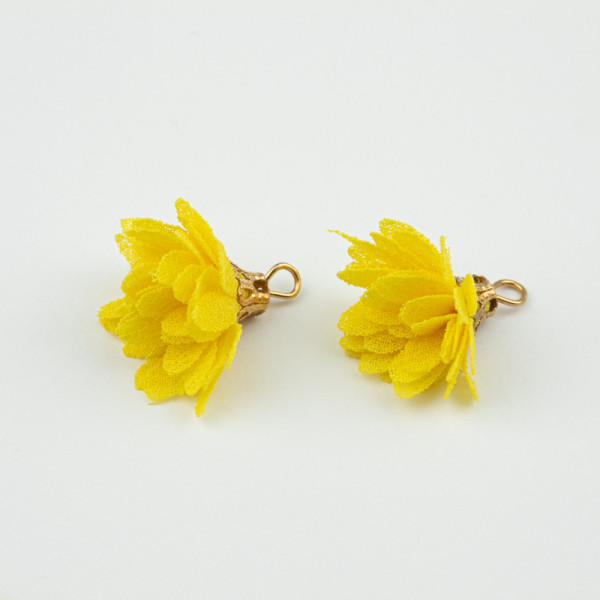 Pompons fleurs, en tissu 18mm, jaune x2 - la Perlerie 22